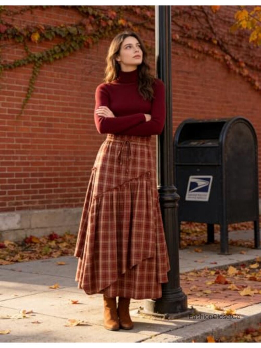 Long Plaid A-Line Maxi Skirt with Pockets Elastic Waist Renaissance - Picture 2 of 6